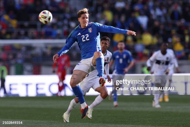 Italy's midfielder Nicolo Zaniolo controls ball during the friendly football match between Italy and Ecuador at Red Bull Arena in Harrison, New...