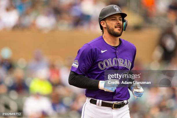 Kris Bryant of the Colorado Rockies runs during the 2024 Spring Training Game between Los Angeles Dodgers and Colorado Rockies at Salt River Fields...