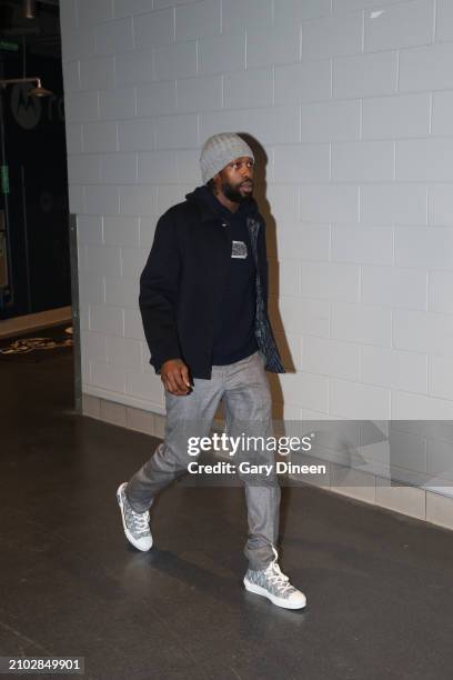 Patrick Beverley of the Milwaukee Bucks arrives to the arena before the game against the Oklahoma City Thunder on March 24, 2024 at the Fiserv Forum...