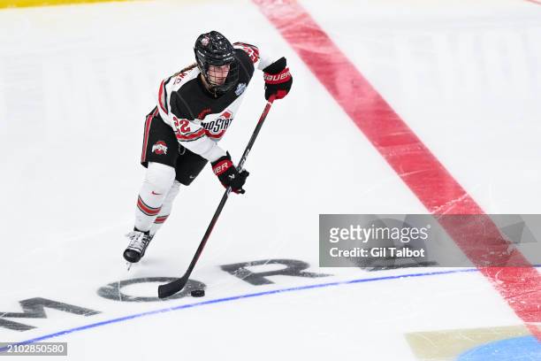 Sloane Matthews of the Ohio State Buckeyes brings the puck to the midline during the Division I Women's Ice Hockey Championship game held at...