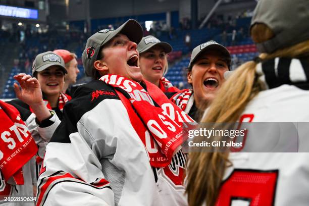 Raygan Kirk of the Ohio State Buckeyes reacts after winning the Division I Women's Ice Hockey Championship game held at Whittemore Center Arena on...