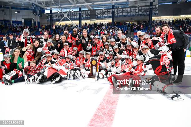 The Ohio State Buckeyes celebrate after winning the Division I Women's Ice Hockey Championship game held at Whittemore Center Arena on March 24, 2024...