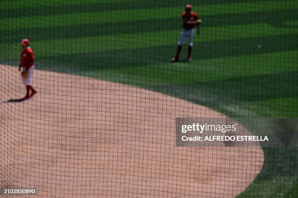 Mexico's Diablos Rojos baseball team players take part in a training session at the Alfredo Harp Helu Baseball Stadium in Mexico City on March 14,...