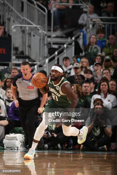 Patrick Beverley of the Milwaukee Bucks handles the ball during the game against the Oklahoma City Thunder on March 24, 2024 at the Fiserv Forum...
