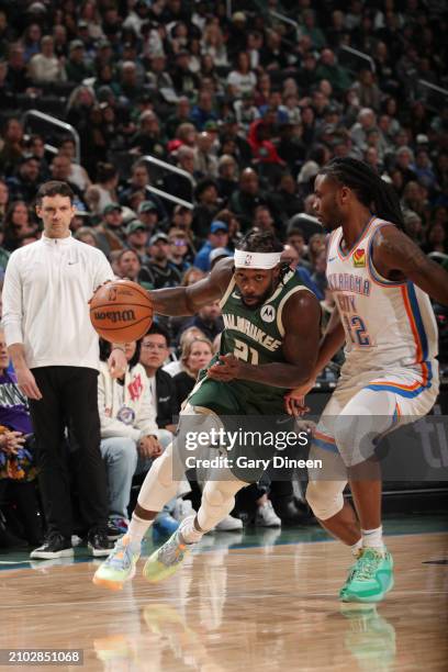 Patrick Beverley of the Milwaukee Bucks handles the ball during the game against the Oklahoma City Thunder on March 24, 2024 at the Fiserv Forum...