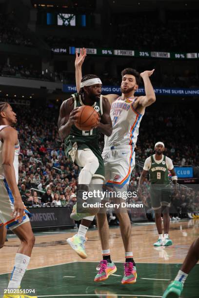 Patrick Beverley of the Milwaukee Bucks passes the ball during the game against the Oklahoma City Thunder on March 24, 2024 at the Fiserv Forum...