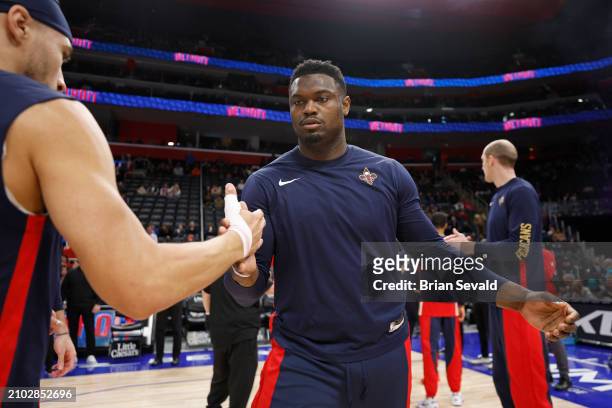 Zion Williamson of the New Orleans Pelicans is introduced before the game against the Detroit Pistons on March 24, 2024 at Little Caesars Arena in...