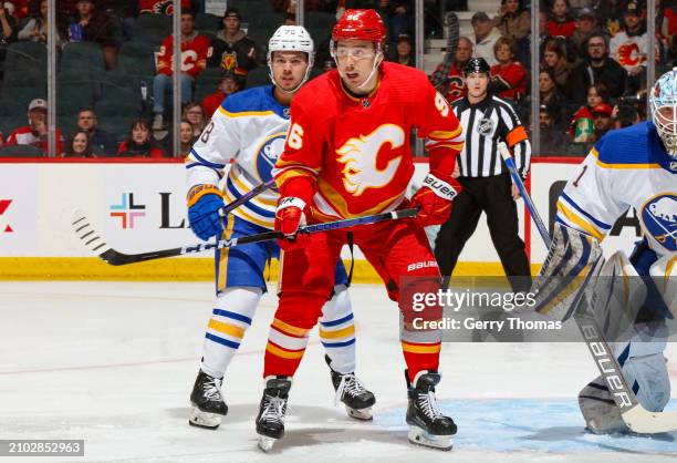 Andrei Kuzmenko of the Calgary Flames skates against the Buffalo Sabres at Scotiabank Saddledome on March 24, 2024 in Calgary, Alberta, Canada.