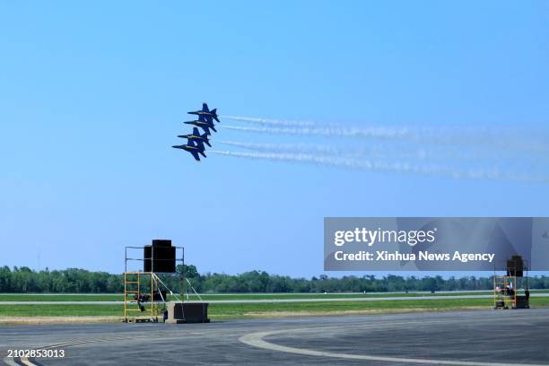 The U.S. Navy Blue Angels perform in the sky during the New Orleans Airshow at Naval Air Station Joint Reserve Base in Belle Chasse, Louisiana, the...