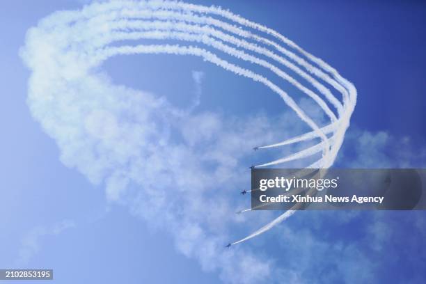 The U.S. Navy Blue Angels perform in the sky during the New Orleans Airshow at Naval Air Station Joint Reserve Base in Belle Chasse, Louisiana, the...