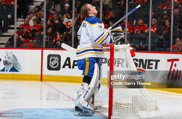 Ukko-Pekka Luukkonen of the Buffalo Sabres skates against the Calgary Flames at Scotiabank Saddledome on March 24, 2024 in Calgary, Alberta, Canada.