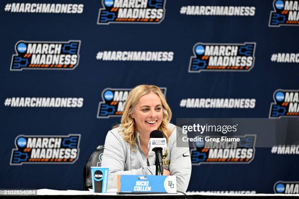 Head Coach Nicki Collen of the Baylor Lady Bears dresses the media following her teams 75-72 victory over the Virginia Tech Hokies during the second...