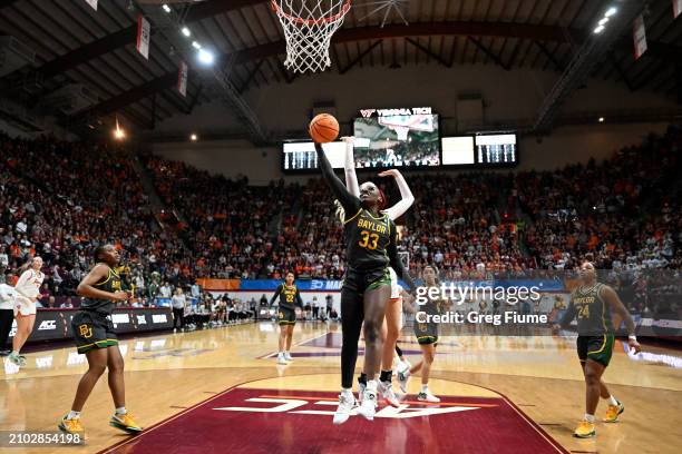 Aijha Blackwell of the Baylor Lady Bears grabs a 4th quarter rebound against the Virginia Tech Hokies during the second round of the 2024 NCAA...