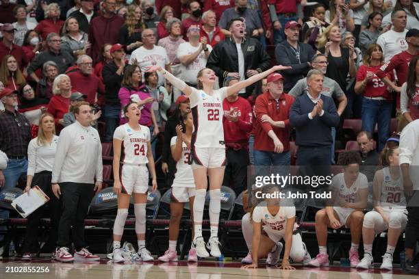 Cameron Brink of the Stanford Cardinal celebrates against the Iowa State Cyclones during the second round of the 2024 NCAA Women's Basketball...
