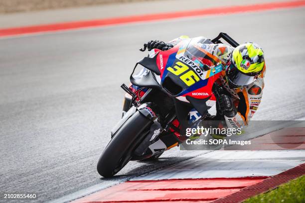 Joan Mir of Spain and Repsol Honda Team in action during the Free Practice Number Two MotoGP race of Tissot Grand Prix of Portugal on March 23 held...