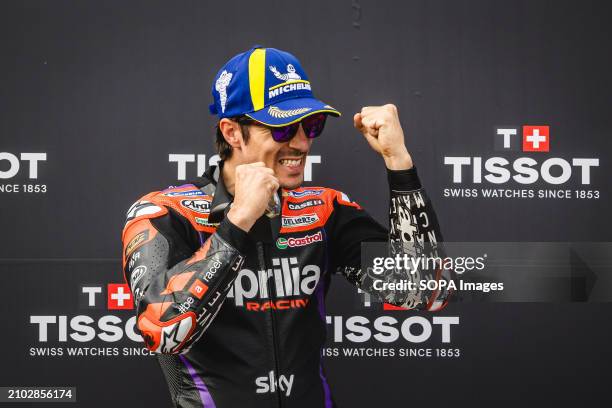 Maverick Vinales of Spain and Aprilia Racing celebrates the victory of the MotoGP sprint race of Tissot Grand Prix of Portugal on March 23 held at...