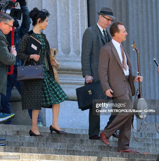 Eriko Hatsune and Edward Norton are seen on the set of "A Complete Unknown" in Downtown, Manhattan on March 24, 2024 in New York City.