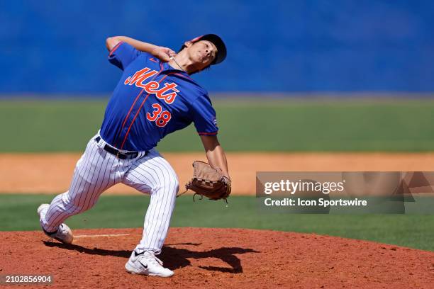New York Mets pitcher Jonah Tong pitches during an MLB spring training game against the St. Louis Cardinals on March 19, 2024 at Clover Park in Port...