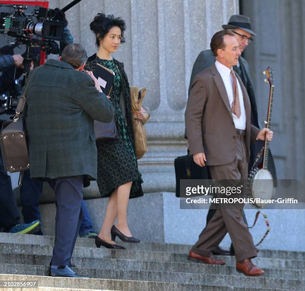 Eriko Hatsune and Edward Norton are seen on the set of "A Complete Unknown" in Downtown, Manhattan on March 24, 2024 in New York City.