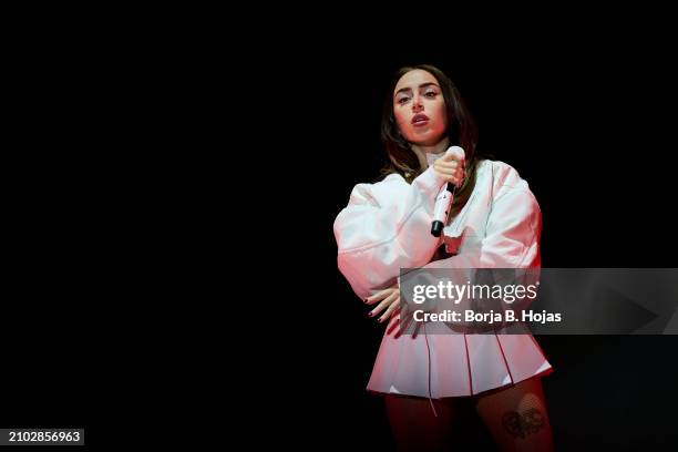 Argentinian singer Nicki Nicole performs on stage at WiZink Center on March 21, 2024 in Madrid, Spain.