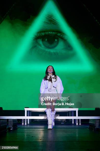 Argentinian singer Nicki Nicole performs on stage at WiZink Center on March 21, 2024 in Madrid, Spain.