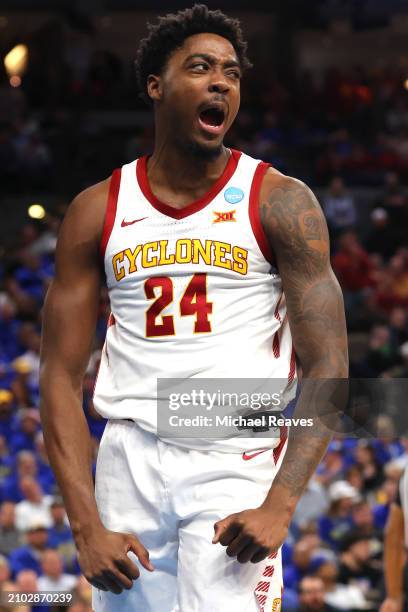 Hason Ward of the Iowa State Cyclones reacts against the South Dakota State Jackrabbits during the first half in the first round of the NCAA Men's...