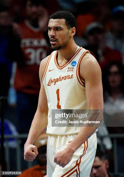 Dylan Disu of the Texas Longhorns reacts during the second half against the Colorado State Rams in the first round of the NCAA Men's Basketball...