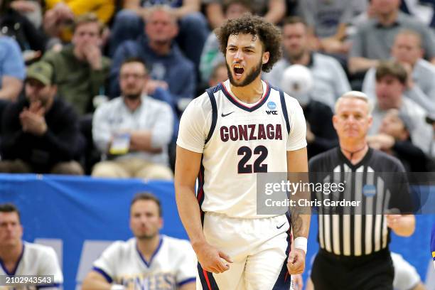 Anton Watson of the Gonzaga Bulldogs celebrates a basket against the McNeese State Cowboys during the first half in the first round of the NCAA Men's...