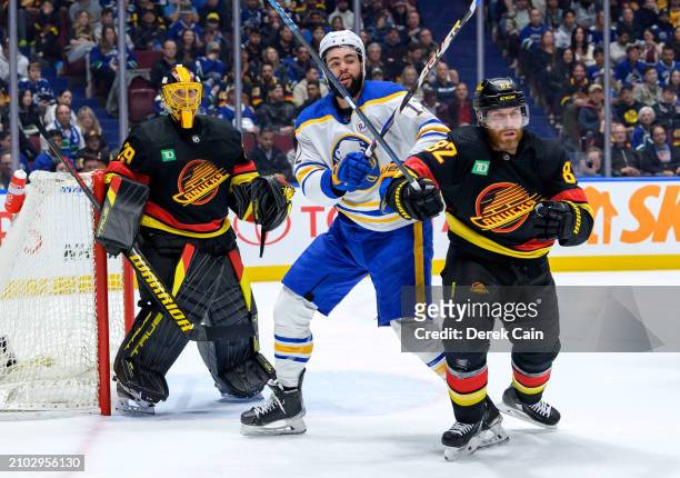 Ian Cole of the Vancouver Canucks defends against Jordan Greenway of the Buffalo Sabres during the second period of their NHL game at Rogers Arena on...
