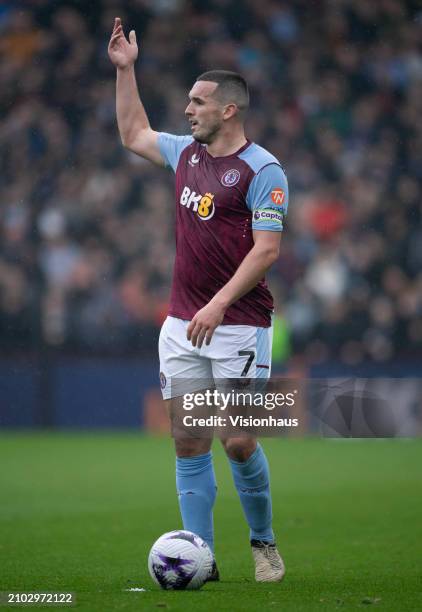 John McGinn of Aston Villa gestures during the Premier League match between Aston Villa and Tottenham Hotspur at Villa Park on March 10, 2024 in...