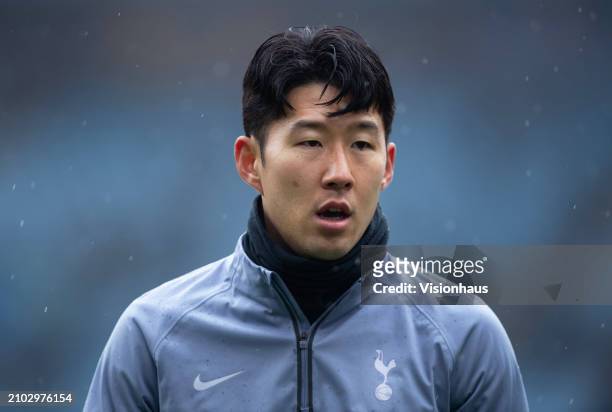 Son Heung-Min of Tottenham Hotspur looks on prior to the Premier League match between Aston Villa and Tottenham Hotspur at Villa Park on March 10,...