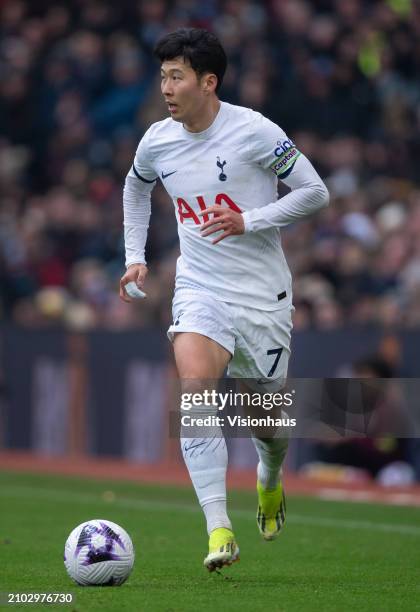 Son Heung-Min of Tottenham Hotspur in action during the Premier League match between Aston Villa and Tottenham Hotspur at Villa Park on March 10,...