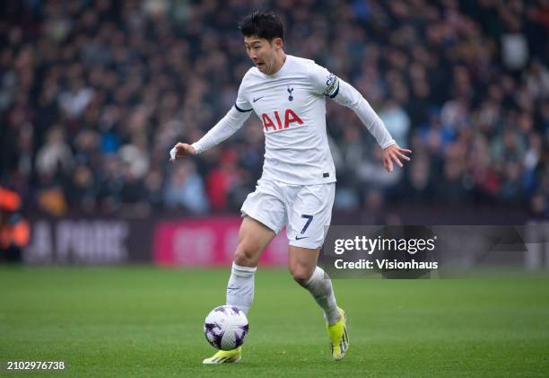 Son Heung-Min of Tottenham Hotspur in action during the Premier League match between Aston Villa and Tottenham Hotspur at Villa Park on March 10,...