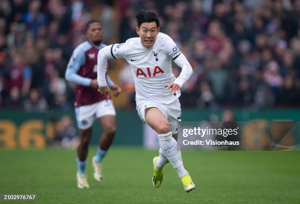 Son Heung-Min of Tottenham Hotspur in action during the Premier League match between Aston Villa and Tottenham Hotspur at Villa Park on March 10,...