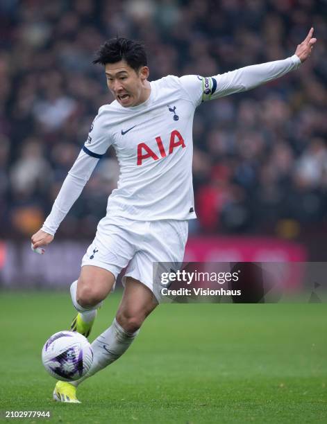 Son Heung-Min of Tottenham Hotspur in action during the Premier League match between Aston Villa and Tottenham Hotspur at Villa Park on March 10,...