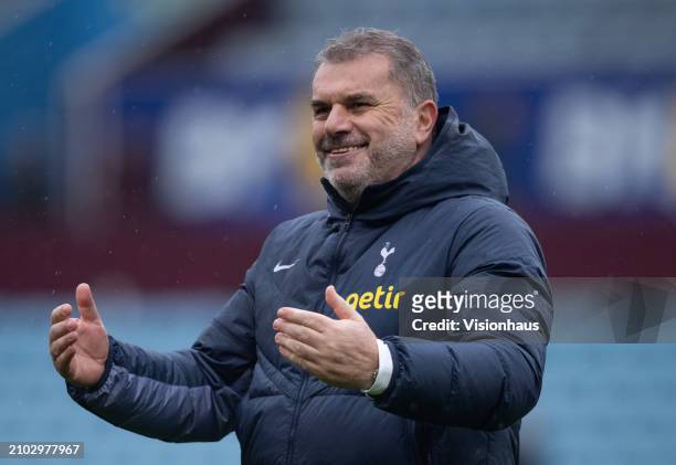 Ange Postecoglou, Manager of Tottenham Hotspur, celebrates after the Premier League match between Aston Villa and Tottenham Hotspur at Villa Park on...