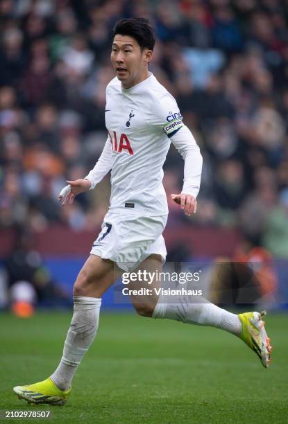 Son Heung-Min of Tottenham Hotspur in action during the Premier League match between Aston Villa and Tottenham Hotspur at Villa Park on March 10,...