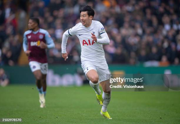 Son Heung-Min of Tottenham Hotspur in action during the Premier League match between Aston Villa and Tottenham Hotspur at Villa Park on March 10,...