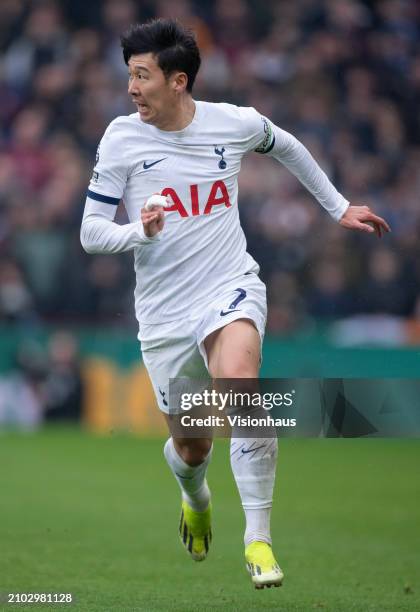 Son Heung-Min of Tottenham Hotspur in action during the Premier League match between Aston Villa and Tottenham Hotspur at Villa Park on March 10,...