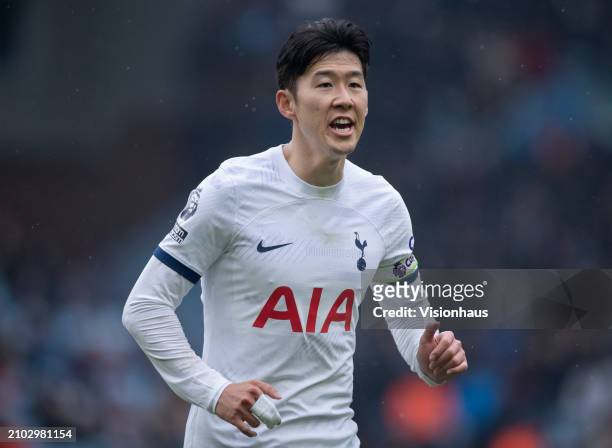 Son Heung-Min of Tottenham Hotspur in action during the Premier League match between Aston Villa and Tottenham Hotspur at Villa Park on March 10,...