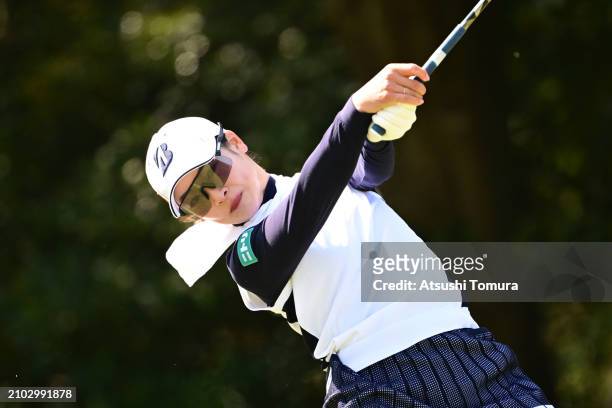Rei Matsuda of Japan hits her tee shot on the 11th hole during the first round of AXA LADIES GOLF TOURNAMENT in MIYAZAKI at UMK Country Club on March...