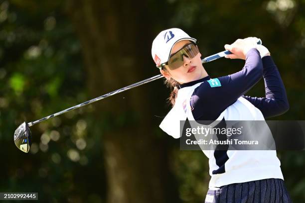 Rei Matsuda of Japan hits her tee shot on the 11th hole during the first round of AXA LADIES GOLF TOURNAMENT in MIYAZAKI at UMK Country Club on March...