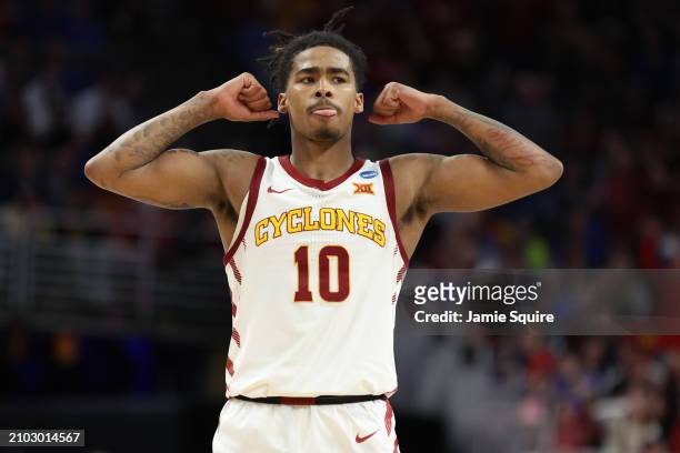 Keshon Gilbert of the Iowa State Cyclones reacts against the South Dakota State Jackrabbits during the second half in the first round of the NCAA...