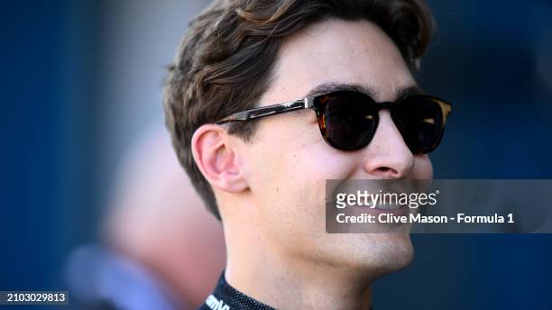 George Russell of Great Britain driving the Mercedes AMG Petronas F1 Team W15 prepares to drive in the pit lane during practice ahead of the F1 Grand...