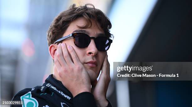 George Russell of Great Britain driving the Mercedes AMG Petronas F1 Team W15 prepares to drive in the pit lane during practice ahead of the F1 Grand...