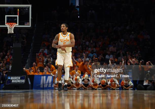 Zakai Zeigler of the Tennessee Volunteers reacts after a three point basket during the first half against the Saint Peter's Peacocks in the first...