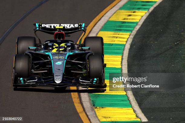 Lewis Hamilton of Great Britain driving the Mercedes AMG Petronas F1 Team W15 on track during practice ahead of the F1 Grand Prix of Australia at...