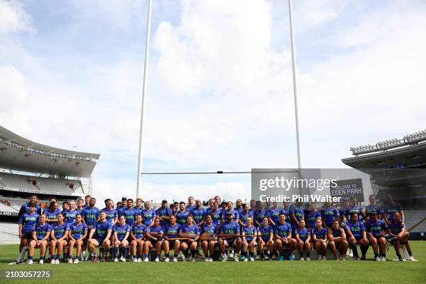 The Men's and Women's teams combine for a team photo during a Blues Super Rugby captain's run at Eden Park on March 22, 2024 in Auckland, New Zealand.