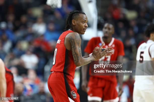 Horne of the North Carolina State Wolfpack reacts during the first half of a game against the Texas Tech Red Raiders in the first round of the NCAA...