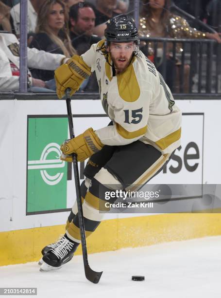 Noah Hanifin of the Vegas Golden Knights skates during the first period against the Seattle Kraken at T-Mobile Arena on March 21, 2024 in Las Vegas,...